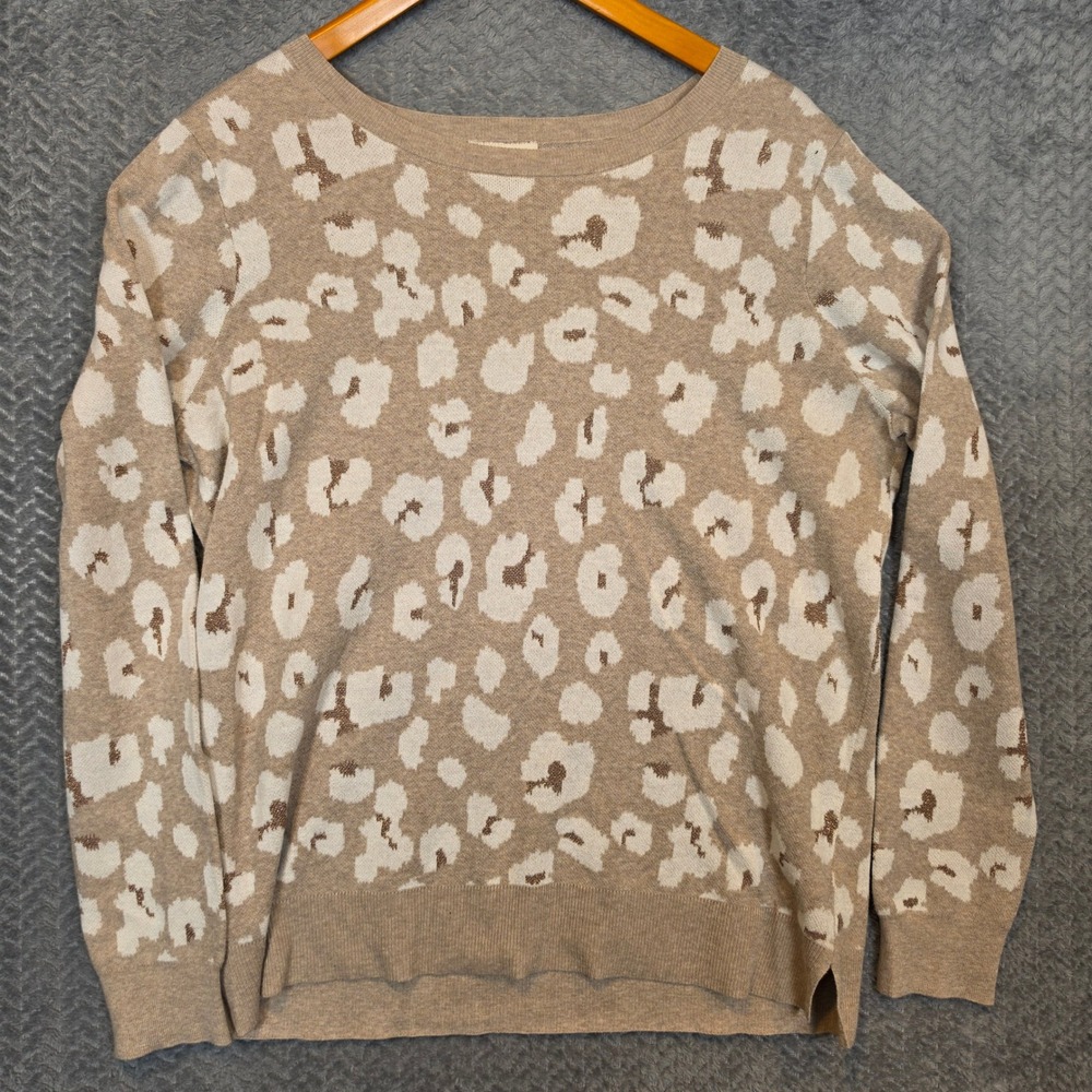 Cozy LOFT Tan Leopard Print Metallic Shimmer Cotton Blend Sweater XL